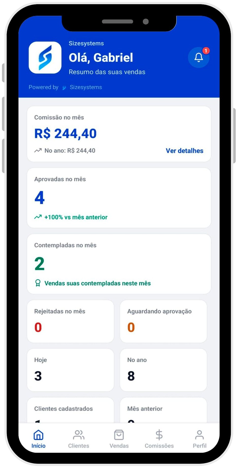 Aplicativo do vendedor SizeConix com comissões e vendas